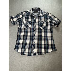 Buckle BKE Western Shirt Mens Large Pearl Snap Blue Plaid Short Sleeve Embroider